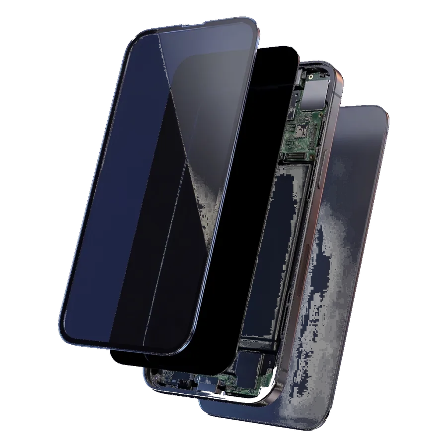 The same phone pulled apart into its layers: front glass, display, frame and back.