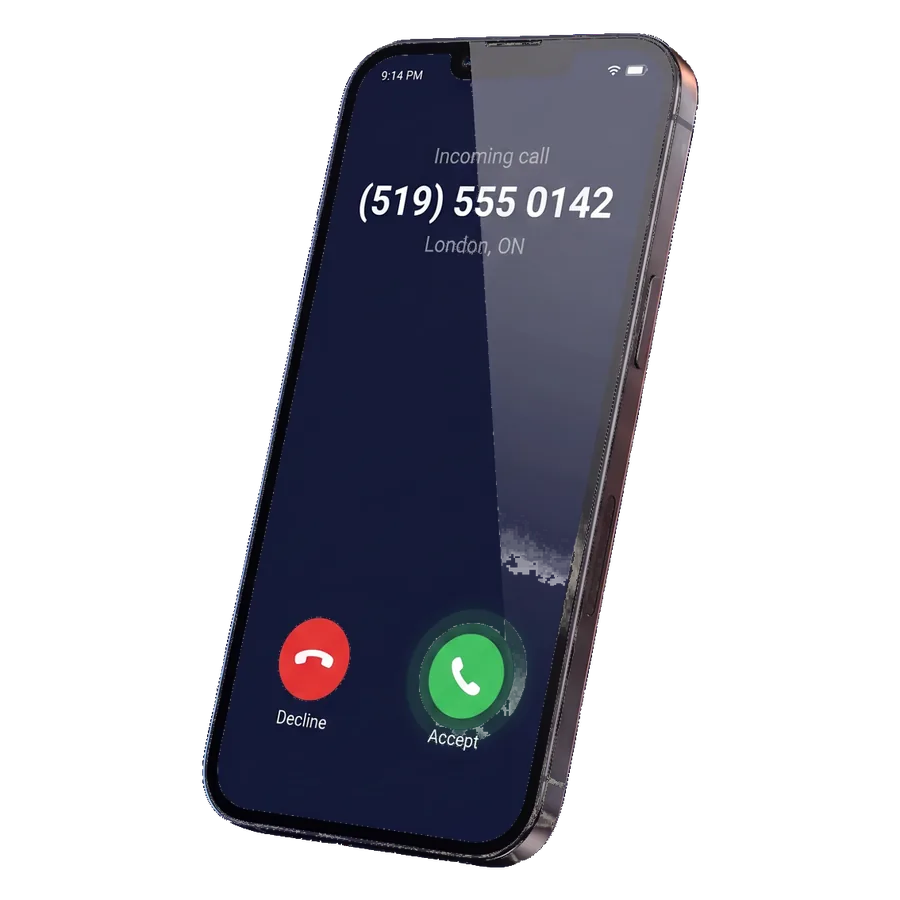 A phone at 9:14 PM showing an incoming call from (519) 555 0142, London, ON, with Decline and Accept buttons.