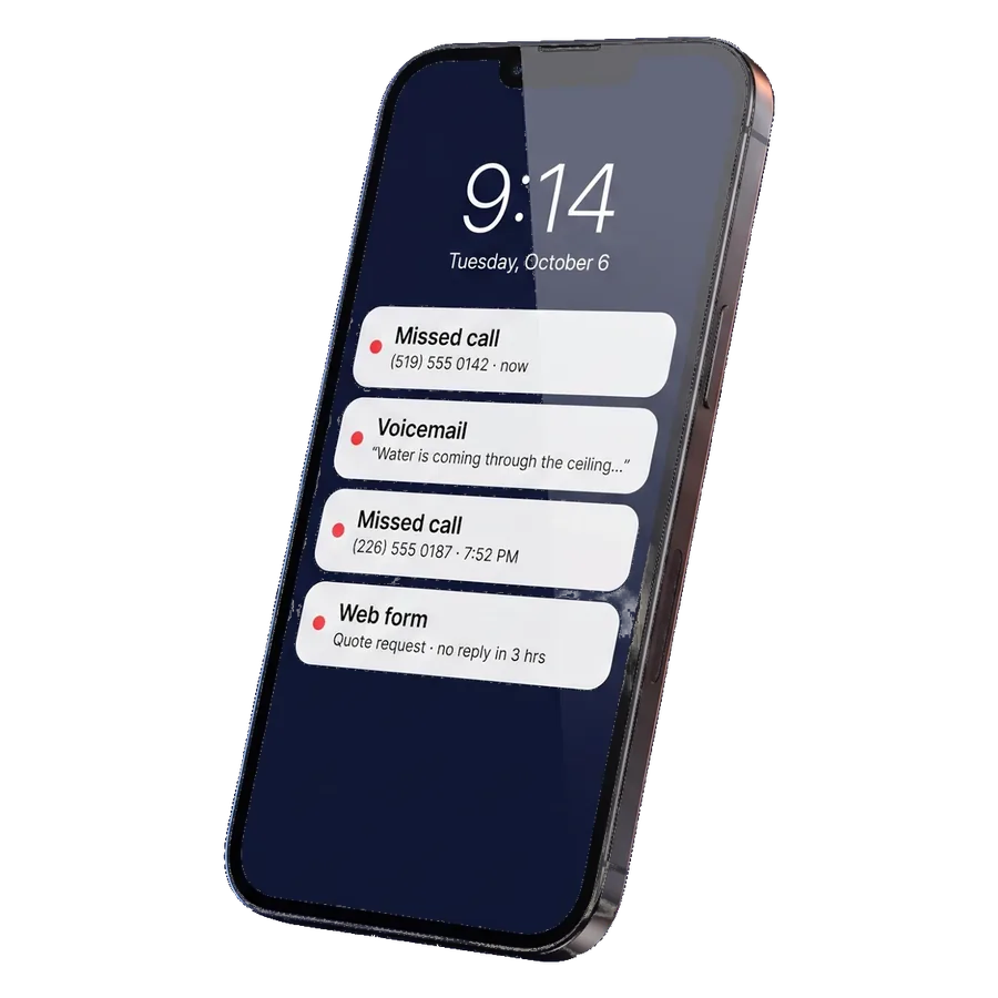A phone lock screen at 9:14 PM on Tuesday, October 6, showing two missed calls, a voicemail that says "Water is coming through the ceiling", and a web form quote request with no reply in 3 hours.
